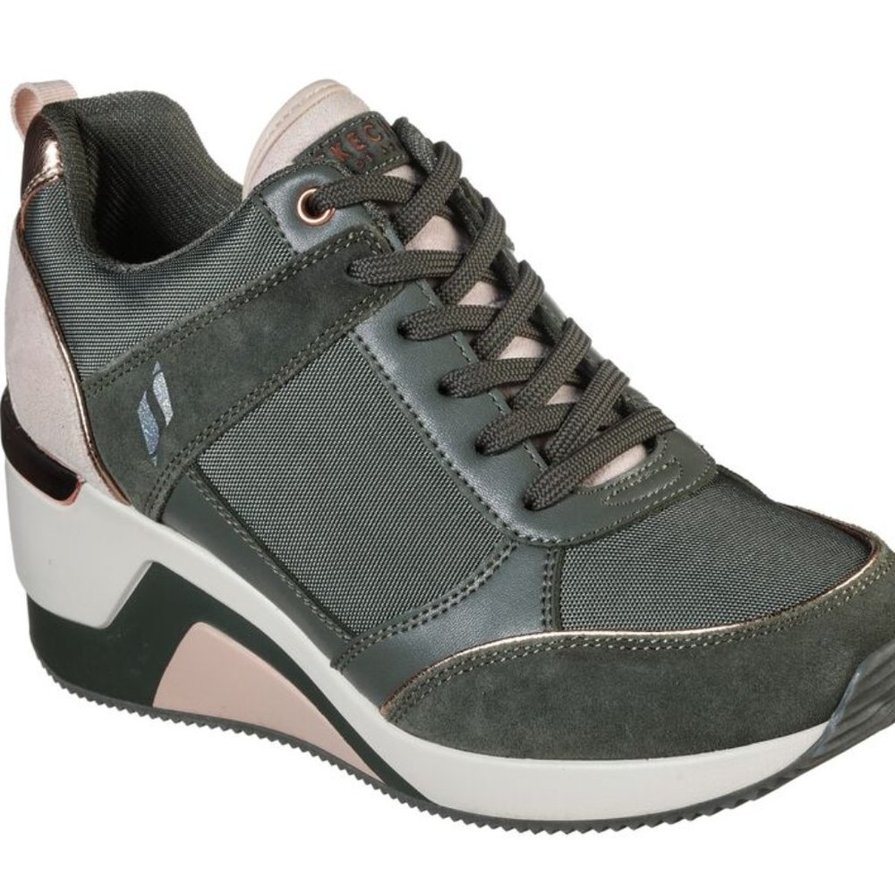 BNIB size 8 Sechers Million High N' Fly wedge sneaker olive and pink